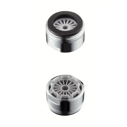 Zwei Strahlformer von Hansgrohe, eine obere und eine untere Ansicht, mit metallischem Gehäuse und innenliegendem Strahlregler.